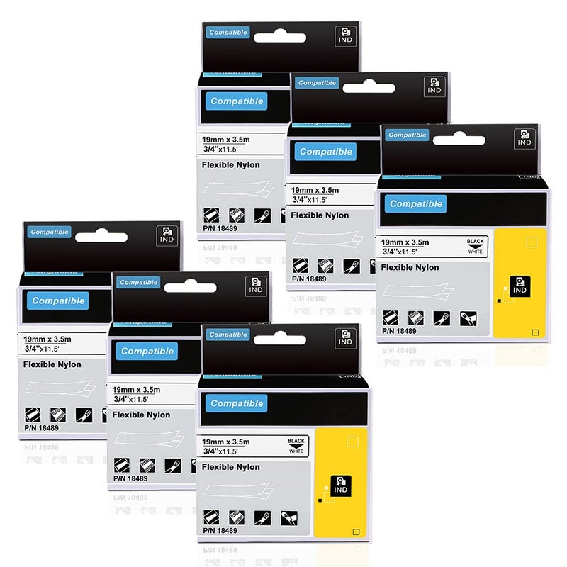 Aonomi 18489 a18489 Labels Replace for DYMO Industrial Flexible Nylon Labels 3/4" Black on White Compatible with DYMO Rhino 5200 Label Printer,Rhino 4200, Rhino 5000 6000 Lable Maker, 6-Pack - Image 1